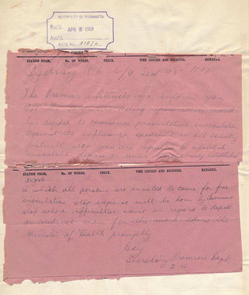 Pandemic in Parramatta - inoculation. Parramatta Municipal Council Correspondence File, 1919