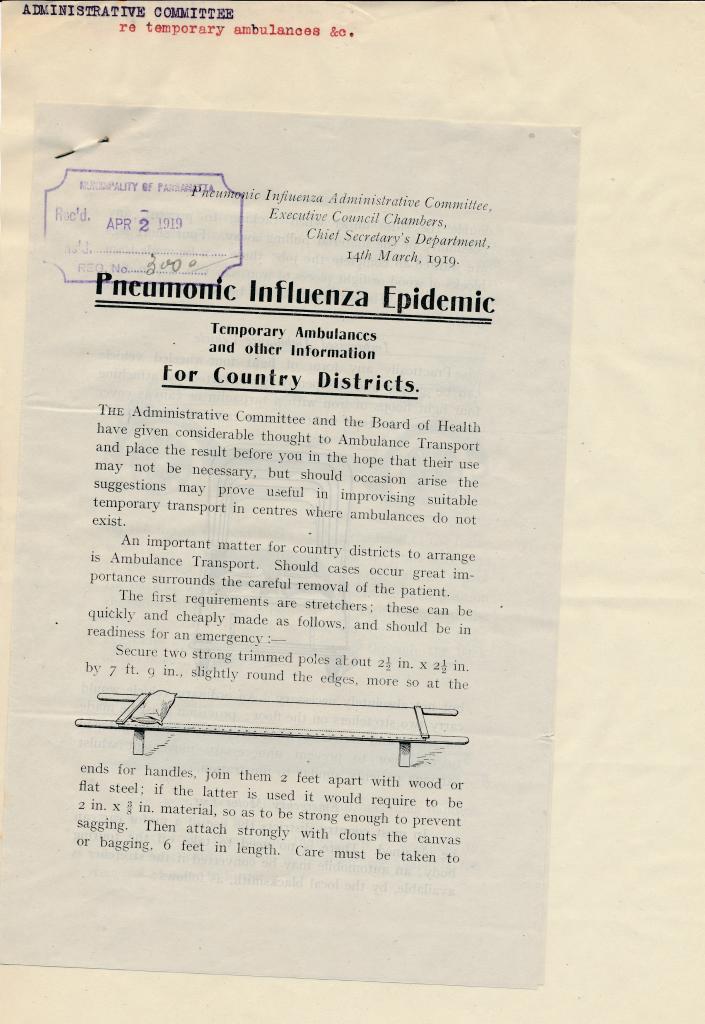 Pandemic in Parramatta - stretchers. Parramatta Municipal Council Correspondence File, 1919