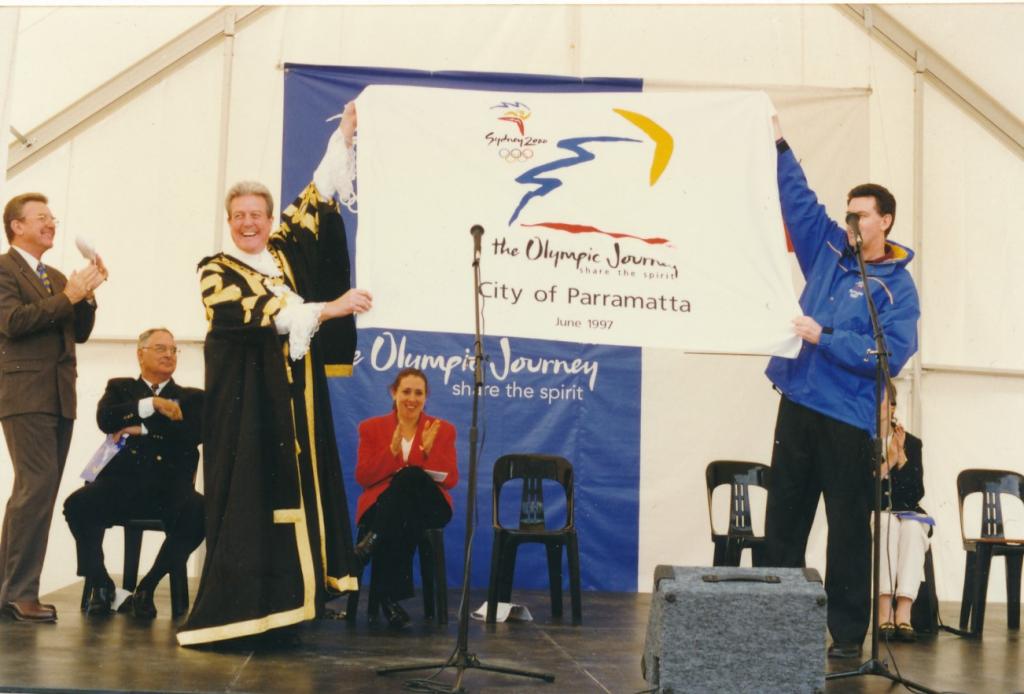 PRS118_089_001: Parramatta Lord Mayor John Books at the Olympic Journey Parade in Parramatta, 1997 (City of Parramatta Council Archives)