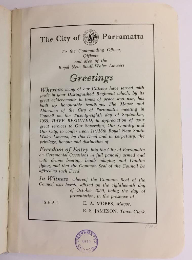 Royal New South Wales Lancers Freedom of Entry Parade Program 1959 (Introduction) - City of Parramatta Council Archives