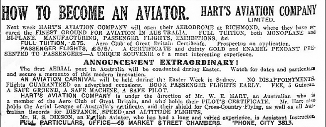 Newspaper advertisement for Hart’s Aviation Company. Image source: The Sunday Times, Sydney, 24 March 1912 (National Library of Australia)
