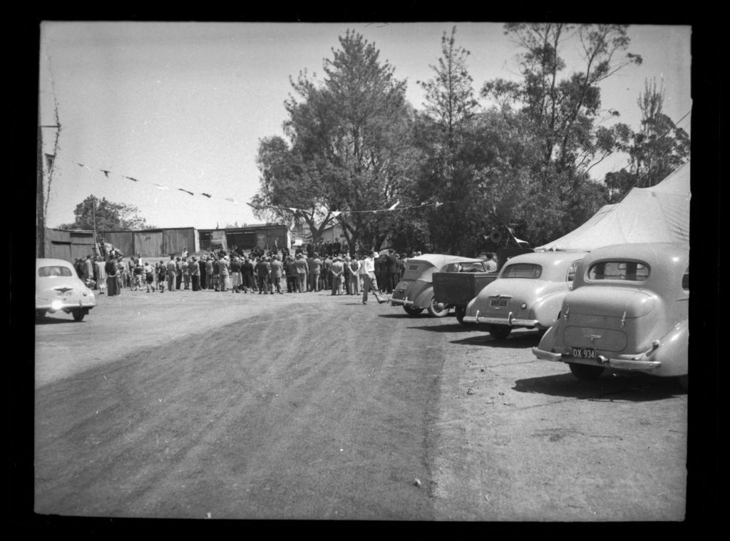 Official opening of parking area near Phillip Street and River - Parramatta Ward. 10/10/1953. (from PRS111: Photographic Negatives - Parramatta City Council Engineers' Department) City of Parramatta Archives: PRS111/233