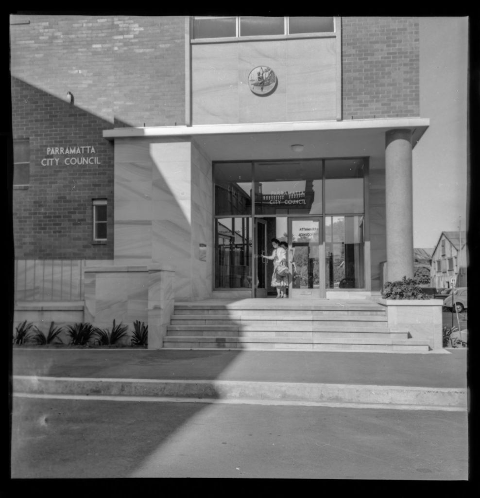 Administrative Building and Parking Area - Parramatta Ward. Circa 1950s - 1960s. (from PRS111: Photographic Negatives - Parramatta City Council Engineers' Department) City of Parramatta Archives: PRS111/0829