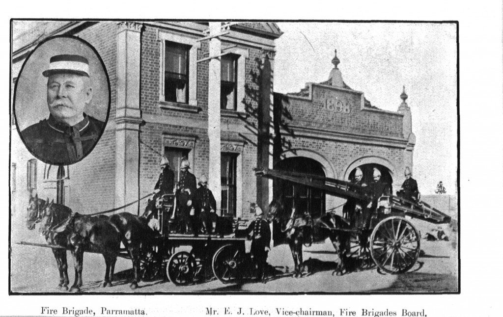 The Parramatta Volunteer Fire Brigade, about 1905, insert portrait of Mr E J Love, copy from photo-mechanical print in the publication Beautiful Parramatta, 1905