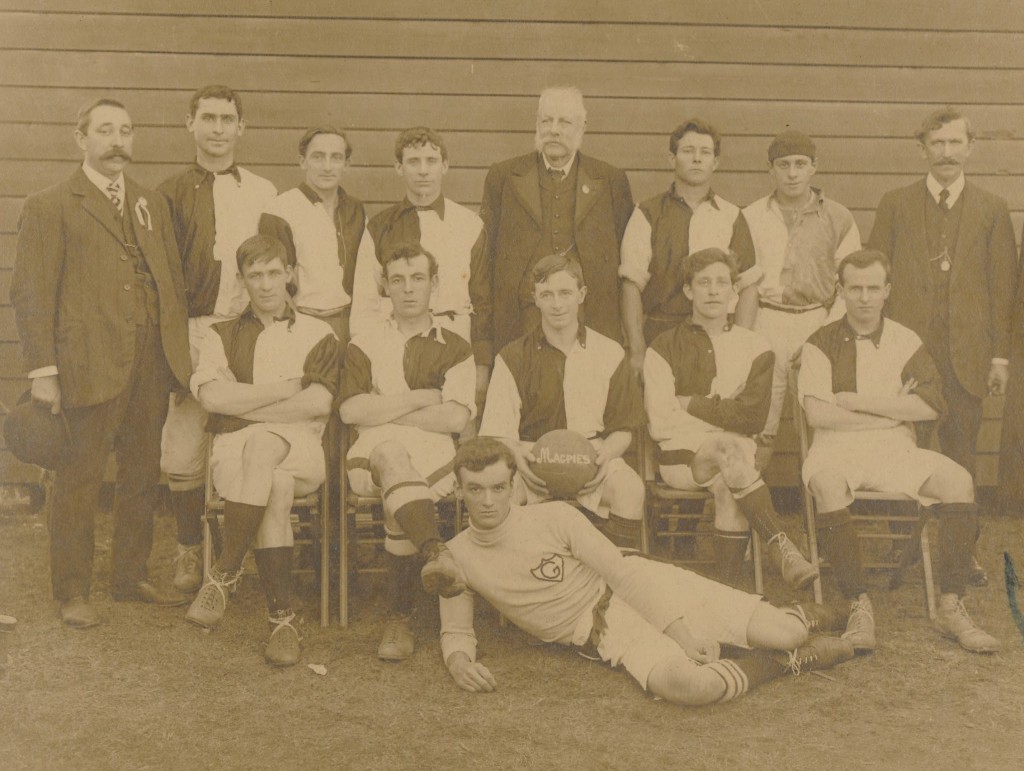 Granville and District Football Club, 1912. John Nobbs' distinctive figure at the centre of the top row. The goal-keeper laying on the ground is Eric Mobbs, who later became Mayor of Dundas and Parramatta. Parramatta Heritage Centre, Granville and District Football Association Collection