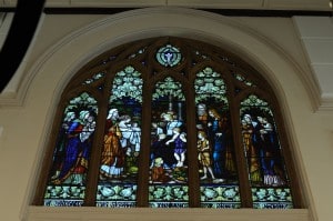 J. Ritchie stained glass window, St Andrew’s Uniting Church. Currently Bavarian Bier Café, Parramatta. Photo: Caroline Finlay, January 2015.