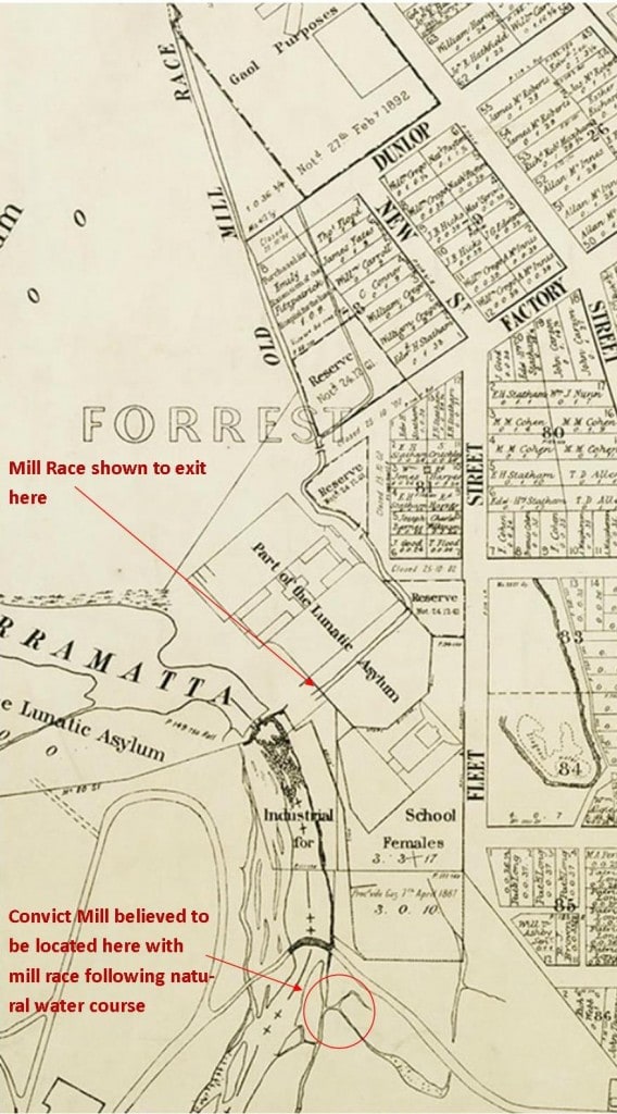 1904 map of Parramatta showing mill race in relation to Asylum and streets, and the site where the mill was believed to have been located