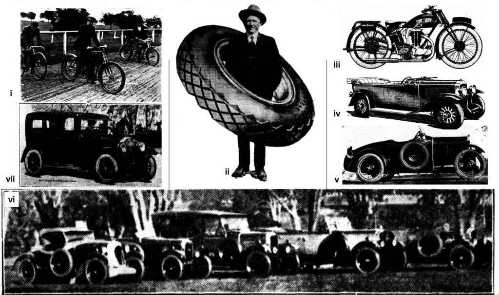 Clockwise (top left) (i)‘The Rivals’ bicycle; (centre) (ii) Mr Harold Oliver Saunders; (top right) (iii)1929 A.J.S. Motor cycle; (iv)1929 “Silver Anniversary” Buick; (v) 8 horse-power Single Super Sports Junior, (bottom) (vi) a range of Singer cars on parade at Messrs. Saunders Church Street, Parramatta; (left) (vii) six-cylinder seven passenger Buick Sedan (Source: The Cumberland Argus and Fruitgrowers Advocate)[7]
