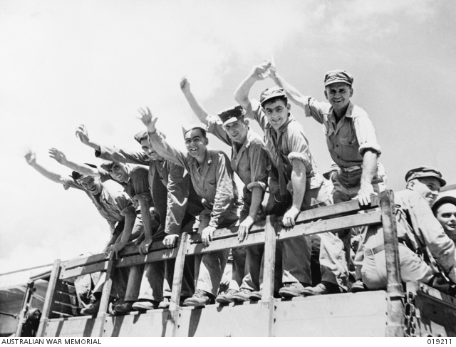 Yokohama, Japan 1945. Australian soldiers wave goodbye as they head home