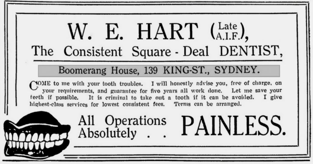 Advertisement for Billy Hart's dental practice, Sydney. Image source: Edwards, Gregory L. William Ewart Hart an aviator's life discovered in a scrapbook