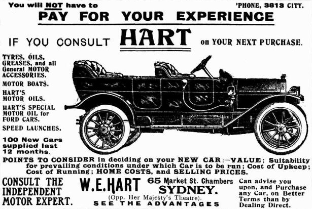 Newspaper advertisement for Billy Hart's car dealership in Market Street, Sydney. Image source: The Grenfell Record and Lachlan District Advertiser NSW, 22 July 1911 (National Library of Australia)