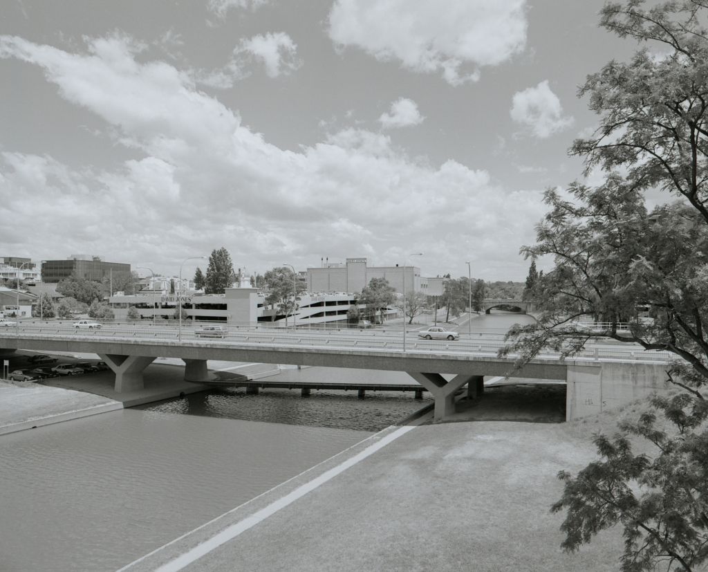 Barry Wilde bridge, David Jones and Lennox bridge is in the background. Circa 1980. (From ACC002/060 Parramatta City Council - Photographs of Council Projects.)  City of Parramatta Archives: ACC002/060/008