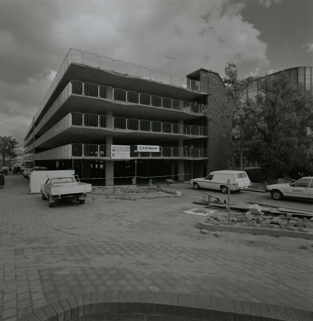 Parramatta City Council Erby Place Multi Storey Car Park nearing completion. 1981. City of Parramatta Archives: ACC002/098/002