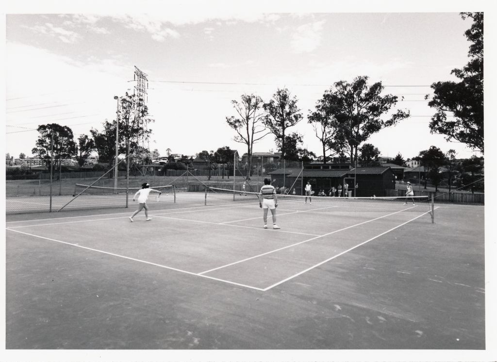 View of tennis grounds at Caber Park Winston Hills, Parramatta. Circa 1980s-1990s. (From ACC002/101: Parramatta City Council - Photographs of Exteriors for rate payers notice publication) City of Parramatta Archives: ACC002/101/053