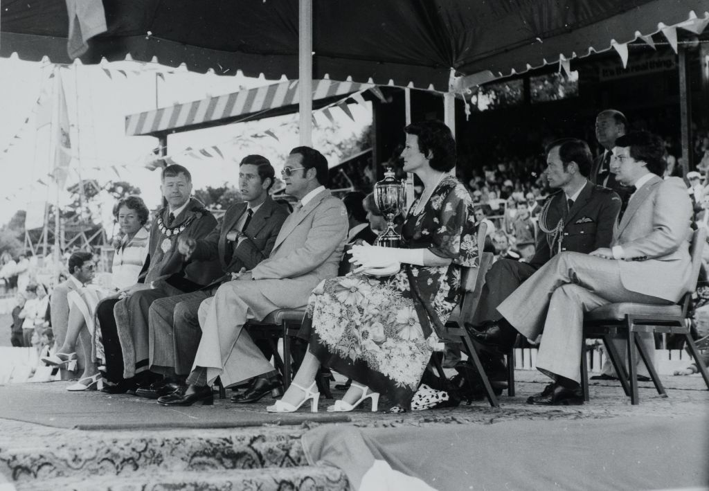Unidentified awards ceremony, view of dignitaries seated on a raised platform, including the Prince of Wales and the mayor of Parramatta, ca. 1970s. City of Parramatta Local Studies Library: LSP00847