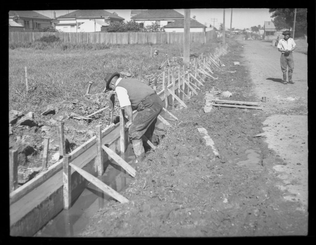 Kerb and Gutter Construction - Old Method - Parramatta Ward - Circa 1950s. (from PRS111: Photographic Negatives - Parramatta City Council Engineers' Department) City of Parramatta Archives: PRS111/095