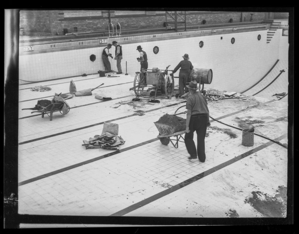 Repairs at Granville Baths - Granville Ward. Circa 1950s. (from PRS111: Photographic Negatives - Parramatta City Council Engineers' Department) City of Parramatta Archives: PRS111/0351