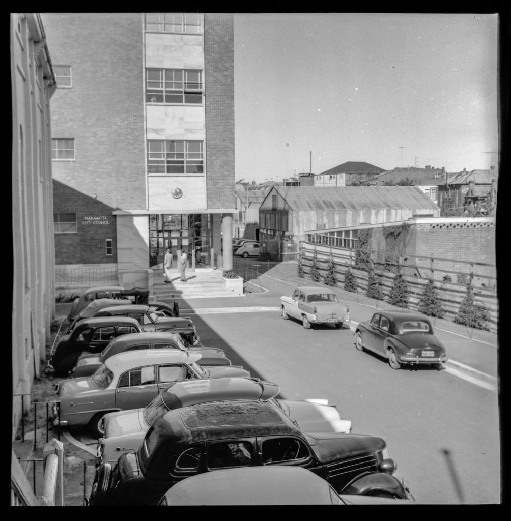 Administrative Building and Parking Area - Parramatta Ward. Circa 1950s - 1960s. (from PRS111: Photographic Negatives - Parramatta City Council Engineers' Department) City of Parramatta Archives: PRS111/0827
