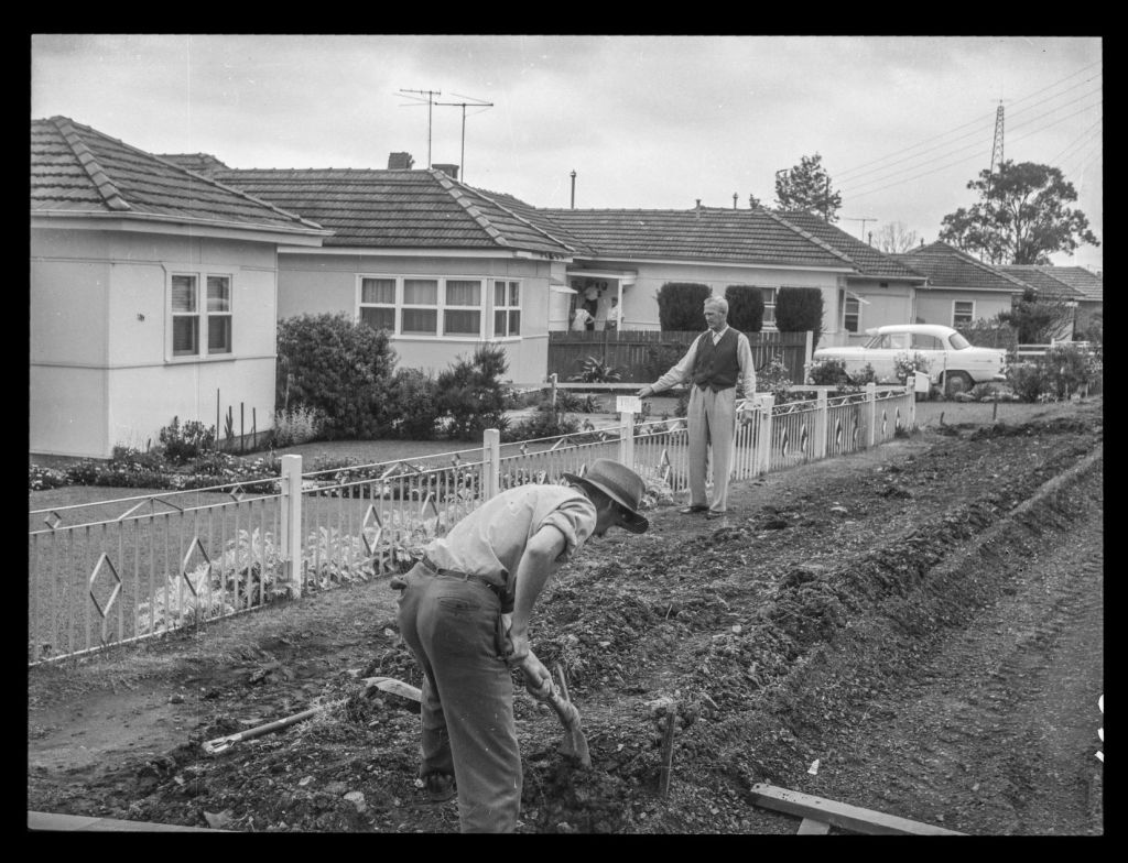 Railway Terrace Granville - footpath works - Granville Ward. Circa 1950s - 1960s. (from PRS111: Photographic Negatives - Parramatta City Council Engineers' Department) City of Parramatta Archives: PRS111/1963