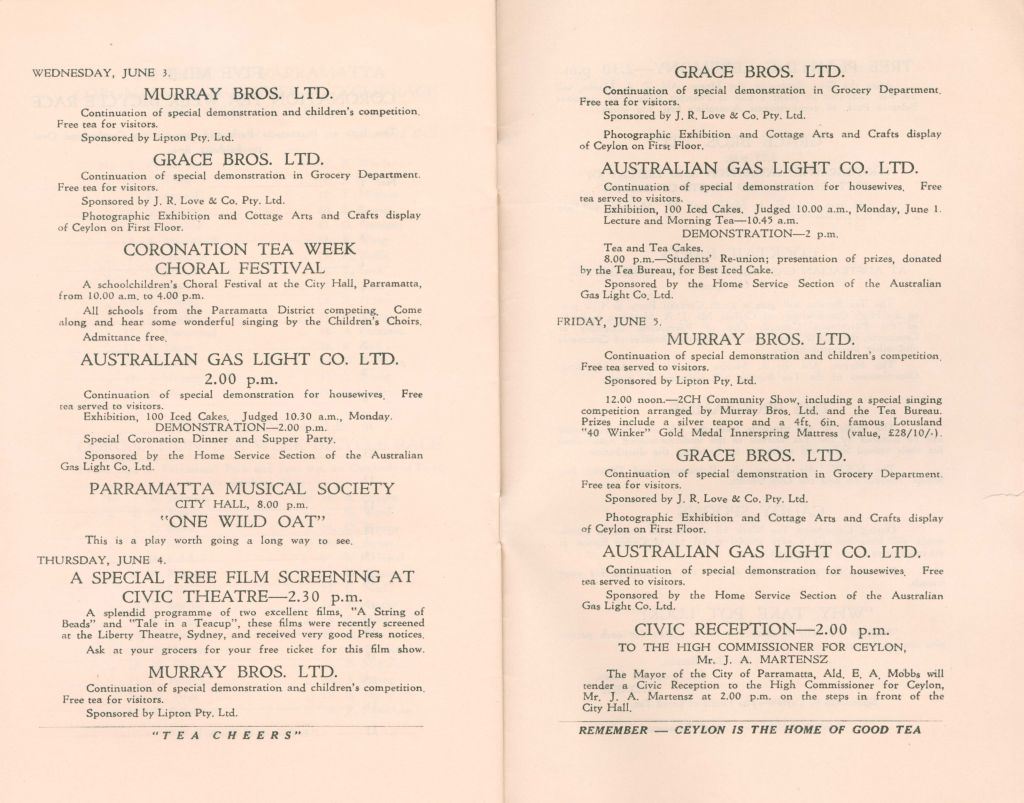 Coronation Tea Week Souvenir Programme. City of Parramatta Archives: PRS120/004