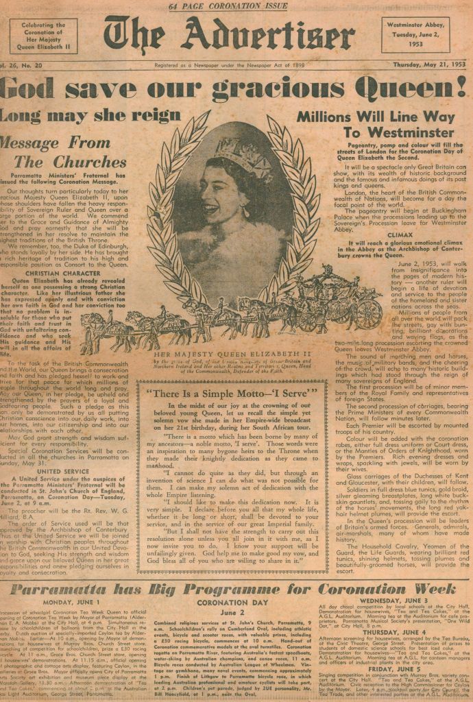Front cover of The Advertiser (Parramatta), 64 page coronation issue, Thursday 21st May 1953. City of Parramatta Newspaper Reference Collection