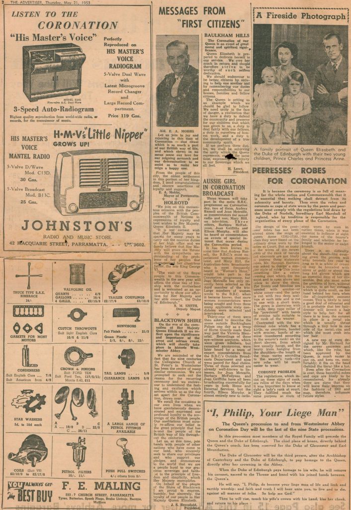 Page 2 of The Advertiser (Parramatta), 64 page coronation issue, Thursday 21st May 1953. City of Parramatta Newspaper Reference Collection