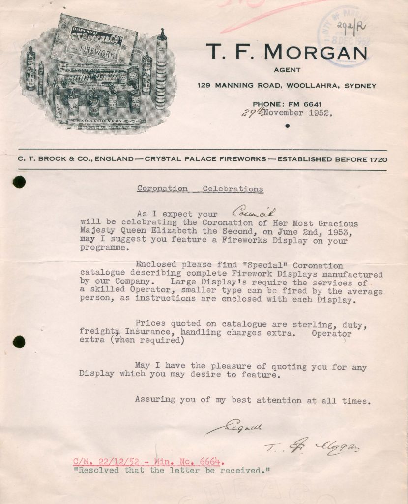 Letter from T.F Morgan suggesting use of fireworks in the Coronation Celebrations. City of Parramatta Archives: Correspondence File 185A