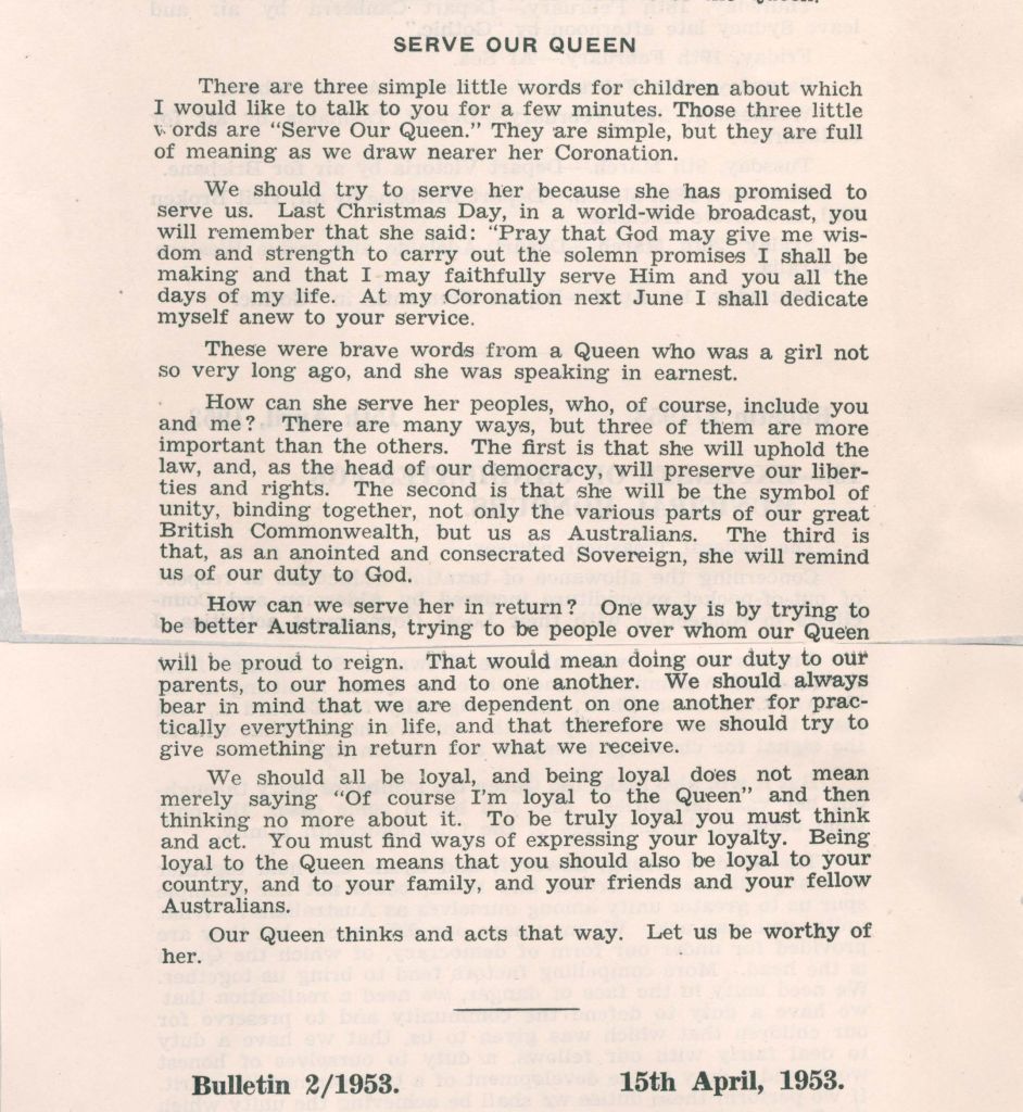 Excerpt of the Local Government Association Bulletin: 2/1953 - suggested speakers notes for schoolchildren on Coronation Day. City of Parramatta Archives: Correspondence File 185A