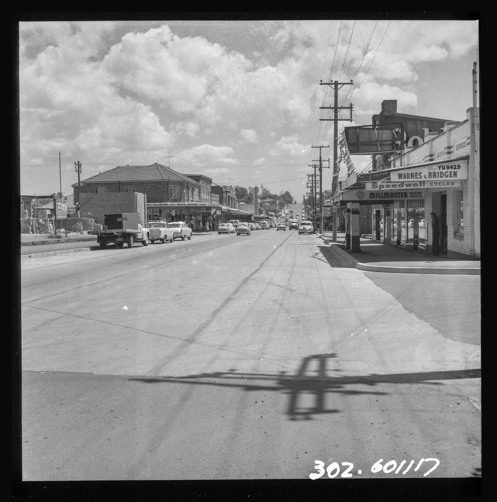 The corner of Guildford Road and Talbot Road, circa 1960. There’s plenty of shopping to do! Drop in at Don King Hardware, Woolworths, Warnes and Bridgen produce merchants, Speedwell Cycles or Millmaster Feeds. City of Parramatta Archives: PRS111/1318.
