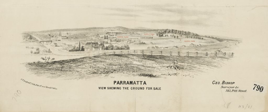 Sketch of Parramatta, possibly 1876, showing St. John's and the Parramatta Market - prior to construction of Parramatta Town Hall. Image courtesy of State Library of NSW.