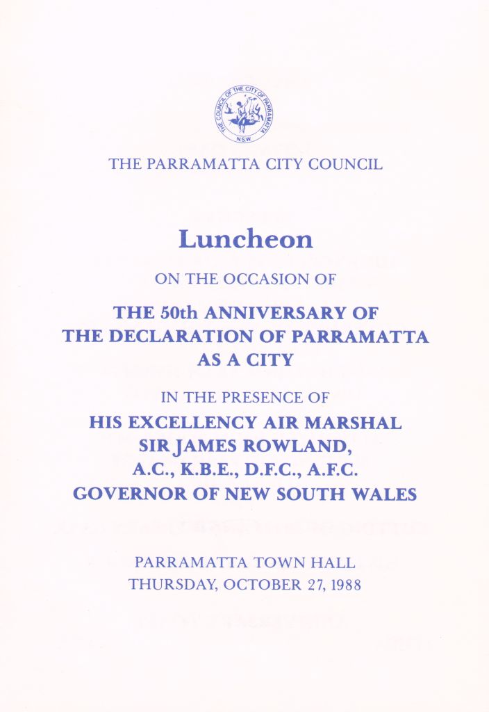 Menu for the luncheon to celebrate the 50th Anniversary of the Declaration of Parramatta as a city. City of Parramatta Heritage Archives: PRS120/047.