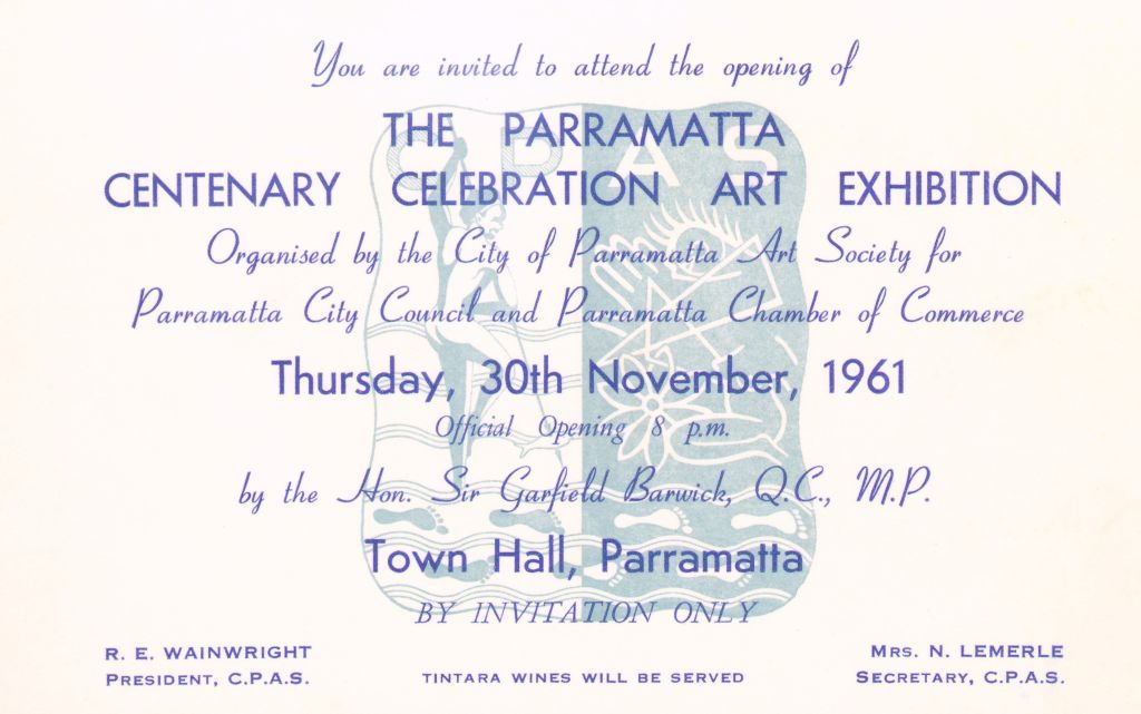 Parramatta Centenary Art Exhibition Invitation. City of Parramatta Heritage Archives: PRS120/011.