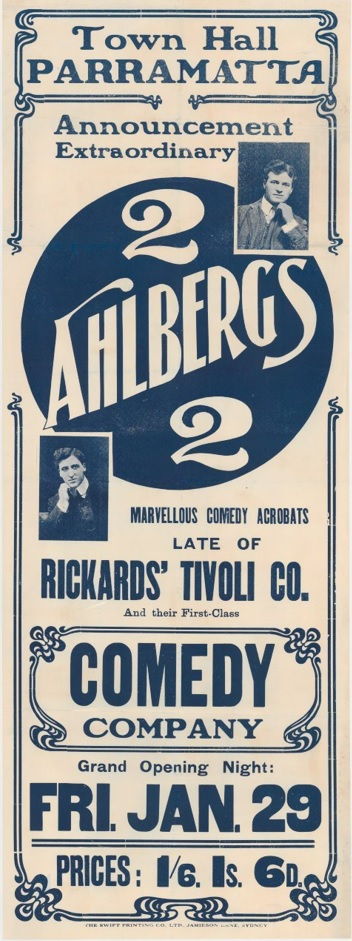 2 Ahlbergs: Marvellous Comedy Acrobats, circa 1909. Image courtesy of National Library of Australia: PA Broadside 76.