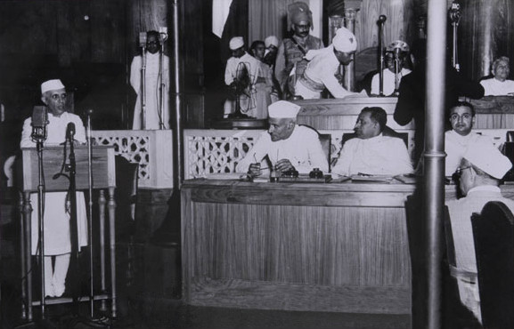Jawaharlal Nehru, as he delivered his famous 'tryst with destiny' speech on the midnight of August 15, 1947. (Source: Express archive photo)
