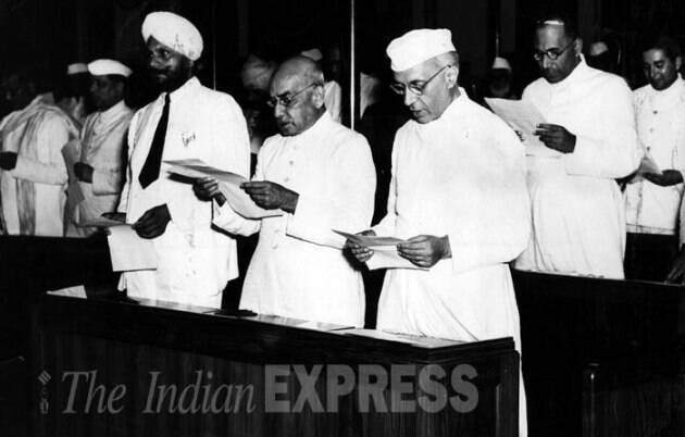 Pandit Jawaharlal Nehru during the midnight session of the Constituent Assembly of India held on 14 and 15 August 1947. (Source: Express archive photo)