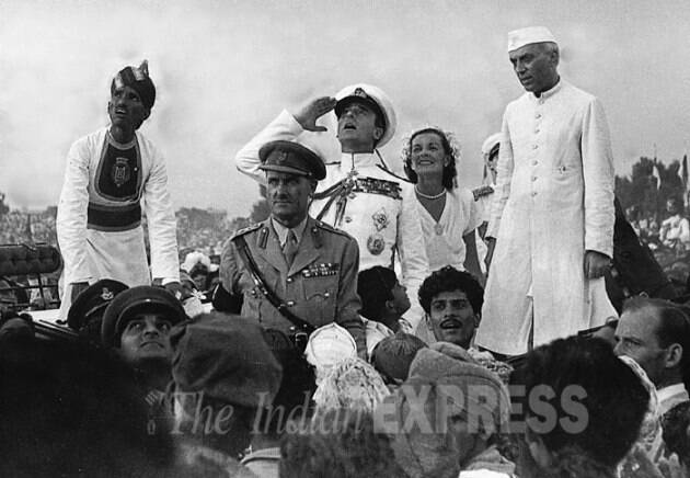 This rare 1947 photograph provided by the Ministry of Defence shows Lord Mountbatten, Edwina Mountbatten and Jawaharlal Nehru at the first Independence Day celebrations in New Delhi. A report in Fauji Akhbar said Mountbatten and Nehru rescued children lost in the crowds by making them board the state coach. (Source: Express archive photo)