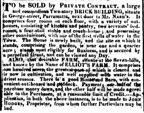 Advertisement for the sale of Hodges’ brick building in Parramatta