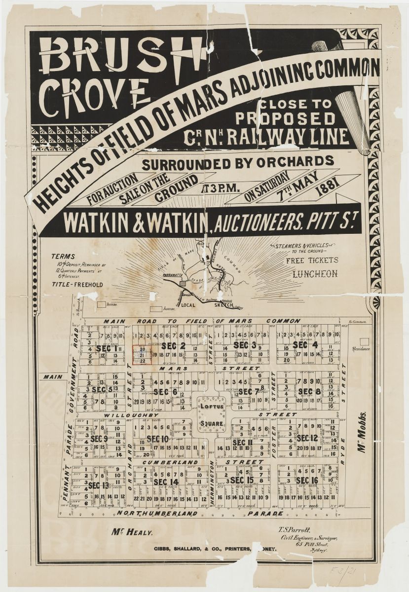 Brush Grove - Heights of Field of Mars Adjoining Common - Willoughby St, Northumberland Pde, Orchard St, Mars St, Ryde St, Pennant Pde, 1881. Image courtesy of NSW State Library: 020 - Z/SP/F3/21.
