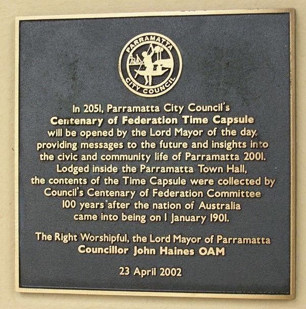 Parramatta City Council`s Centenary of Federation Time Capsule plaque (Source: Sandra Brown via Monument Australia)