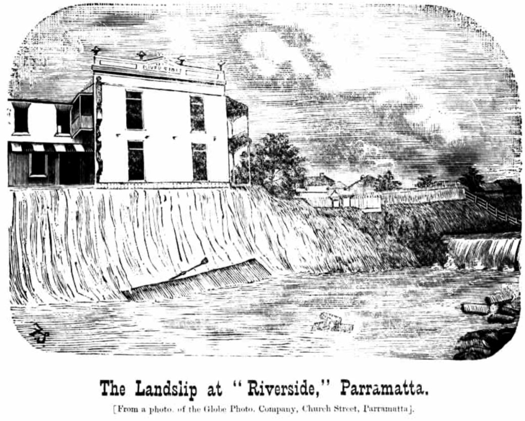 The landslip at “Riverside,” Parramatta. (Source: Globe Photo. Company In Cumberland Argus and Fruitgrowers Advocate)