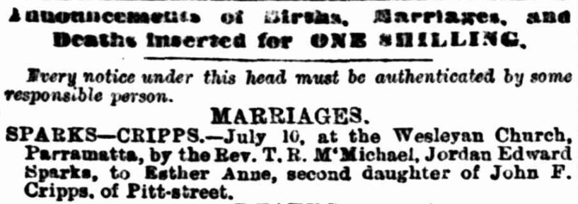 Marriage announcement for Jordan and Esther (Source: Evening News,11 July 1884, p. 2)