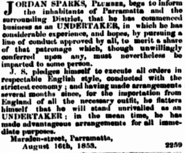 Jordan Sparks’ notice that he has started an undertaker business in Parramatta. (Source: Empire, 24 August 1853, page 1 supplement)[2]