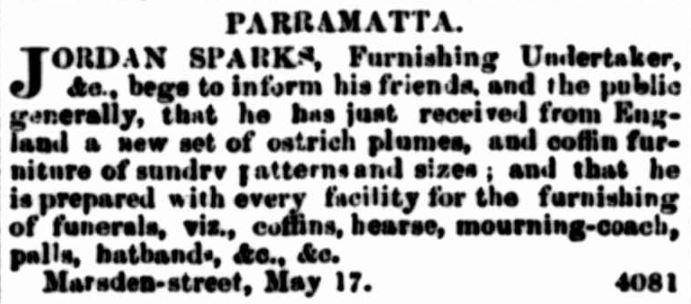 Jordan Sparks, furnishing undertaker. [Advertising]. (Source: Empire, 27 May 1854, page 2)[3]