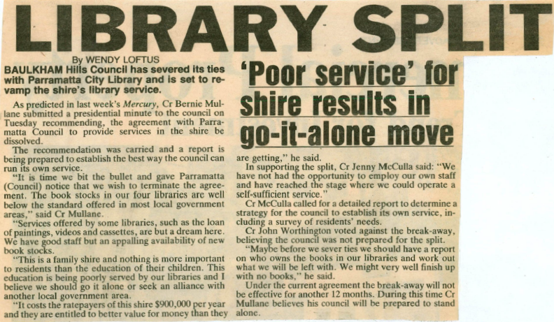 Loftus, Wendy. (1988, December 20). Library split, Parramatta Mercury, p. 9