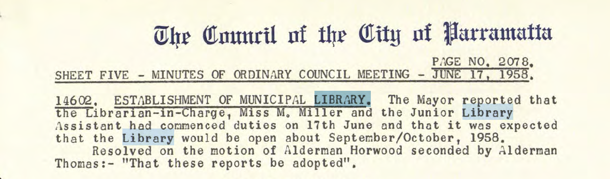 City of Parramatta Meeting Minutes: 17th June 1958