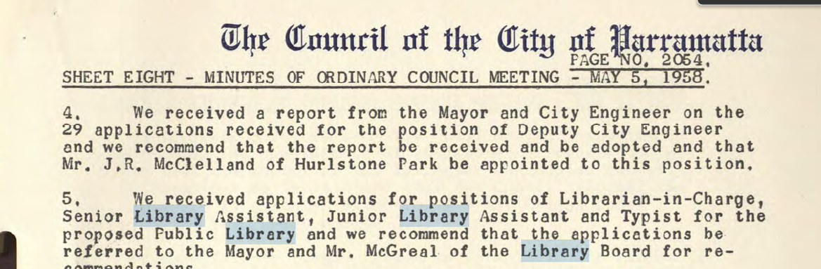 City of Parramatta Meeting Minutes: 5th May 1958