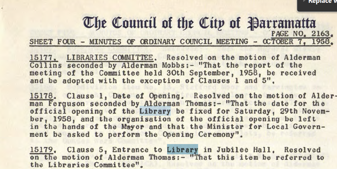 City of Parramatta Meeting Minutes: 7th October 1958