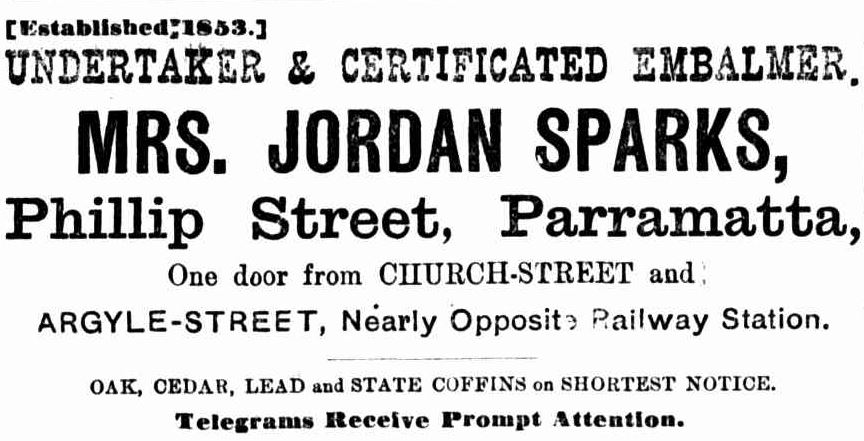 Advertisement for Mrs Jordan Sparks undertaker and embalmer Parramatta