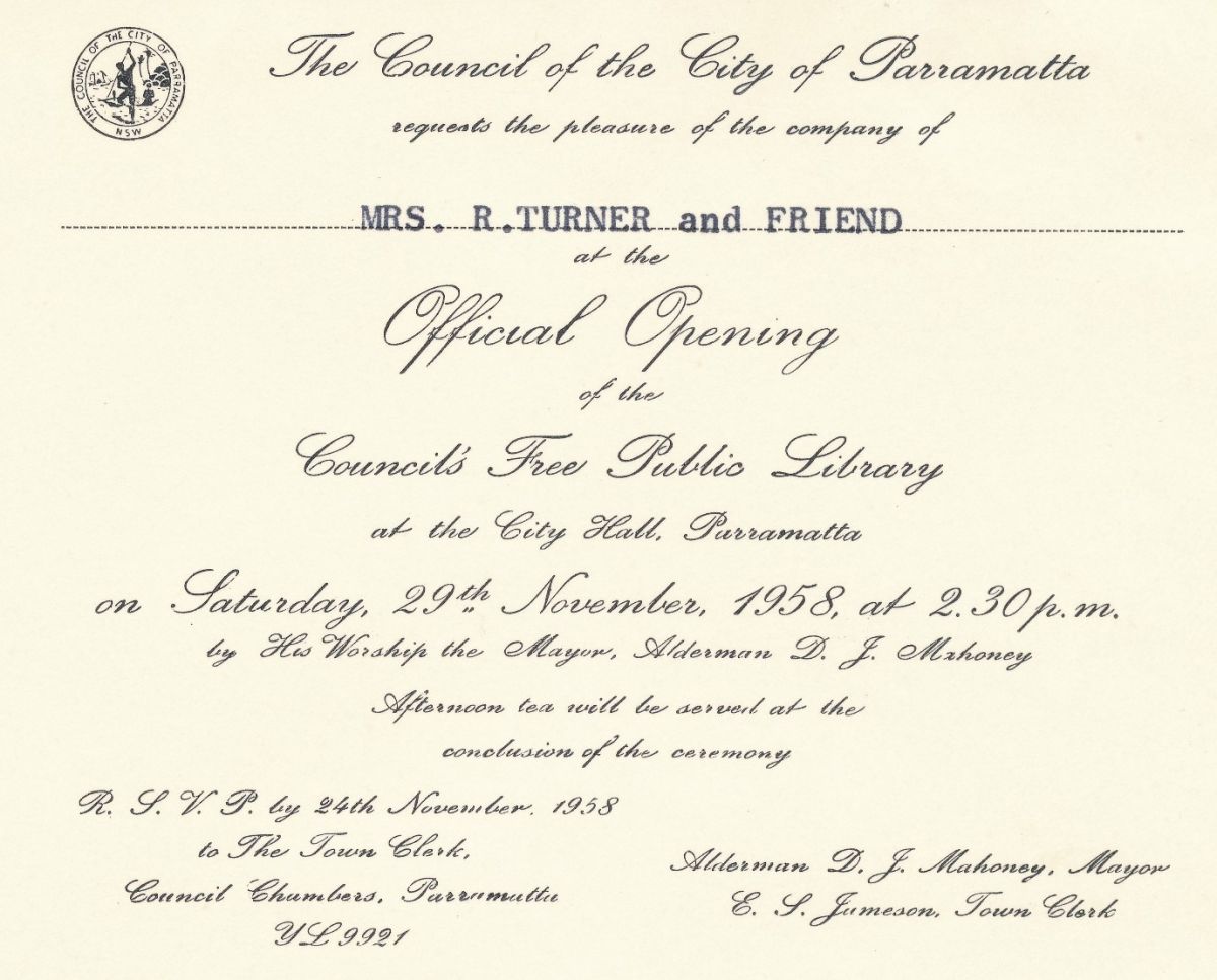 Official opening invitation of the Council’s Free Public Library (Source: City of Parramatta Archives)