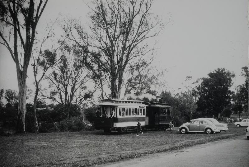 Parramatta Park, view of the tram with parked vehicles, circa 1960s. Source: LSP 0360